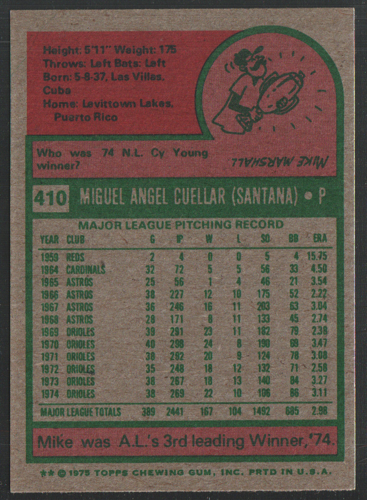 1975 Topps Mini #410 – Mike Cuellar UER – Baltimore Orioles 75-354