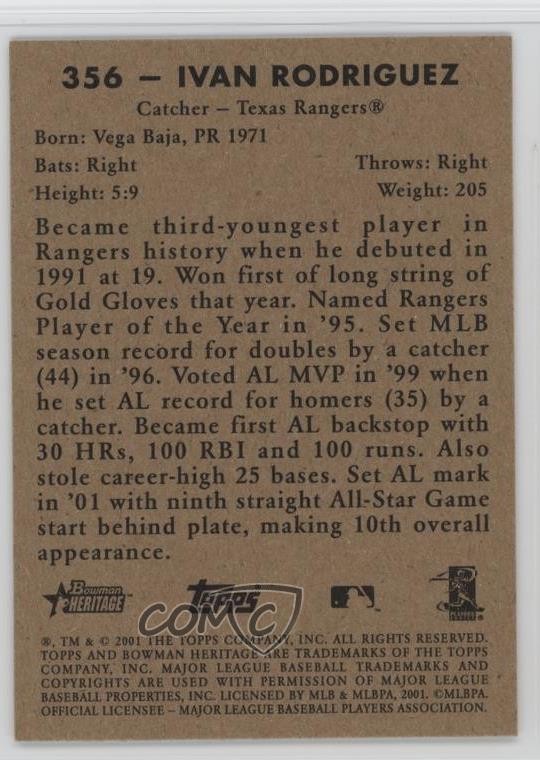 2001 Bowman Heritage Ivan Rodriguez #356 HOF 05k6