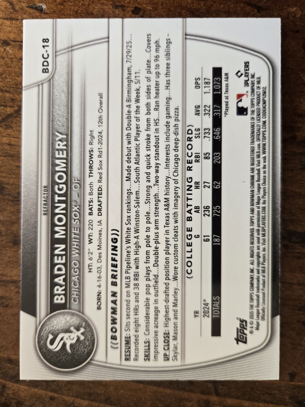 2025 Bowman Draft – Chrome Braden Montgomery #BDC-18 Refractor (RC)