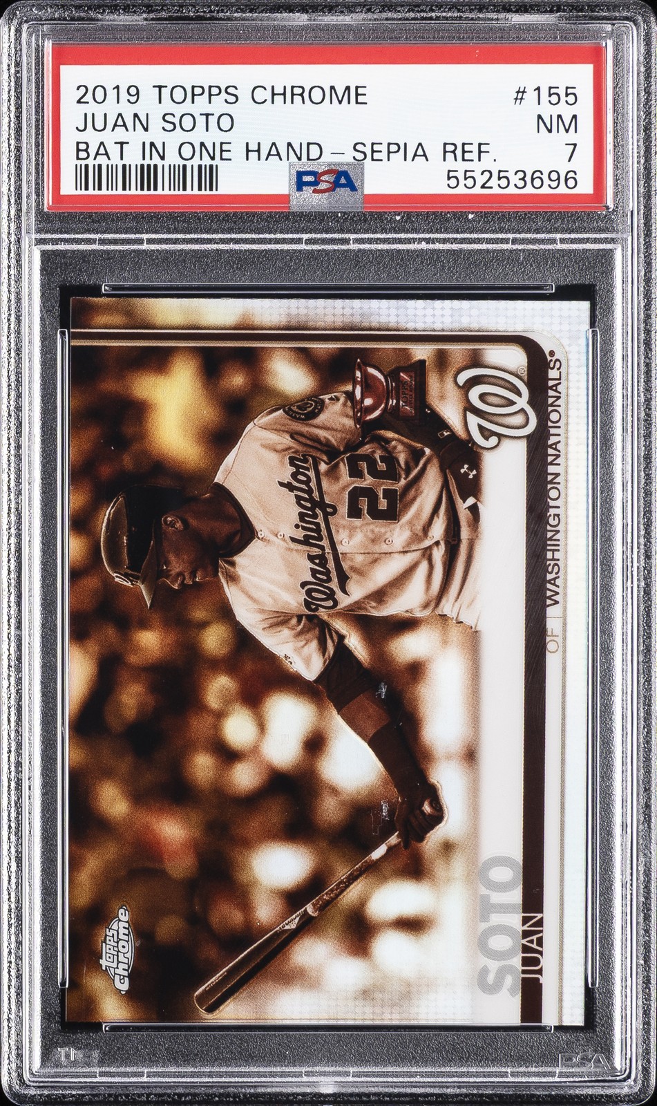 2019 TOPPS CHROME BAT IN ONE HAND-SEPIA REFRACTOR #155 JUAN SOTO PSA 7