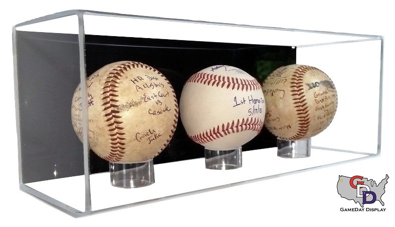 ACRYLIC THREE 3 Triple MLB BASEBALL DISPLAY case Wall Mounting UV Protecting A