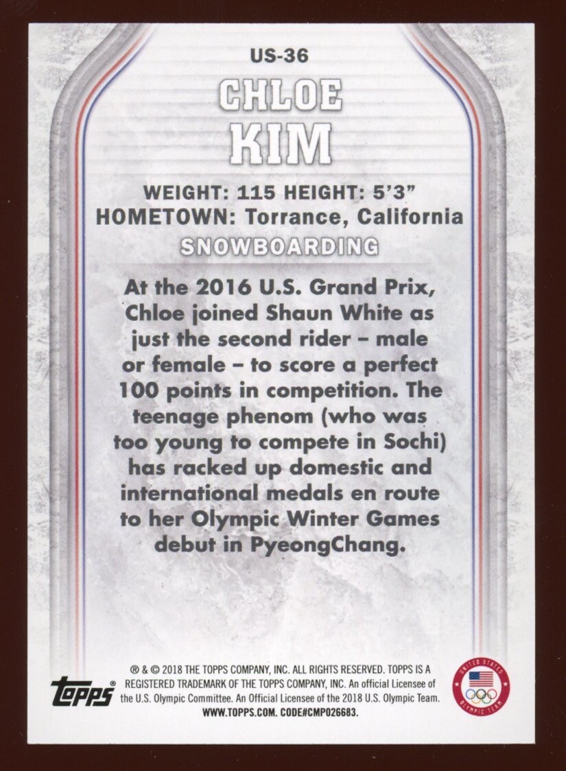 2018 Topps US Olympic & Paralympic CHLOE KIM Rookie RC Bronze Milan Cortina 2026