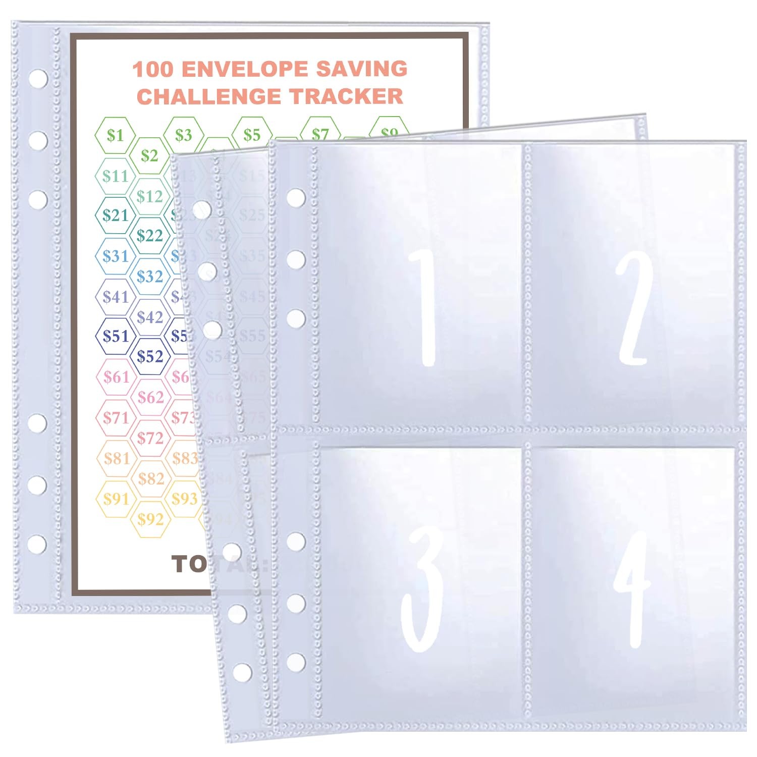 25 Pcs 4 Pocket 100 Envelopes Money Saving Challenge Sleeves and Tracker Sheet P