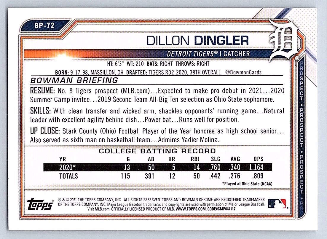DILLON DINGLER TIGERS 2021 BOWMAN PROSPECTS #BP-72