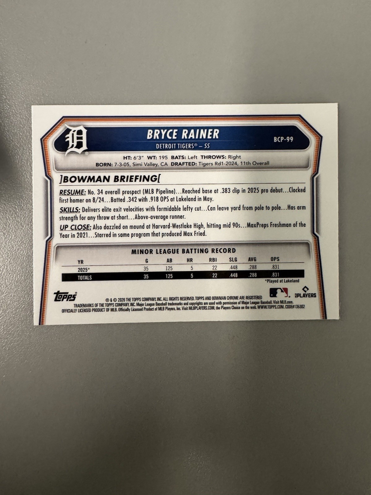 2025 Bowman – Chrome Prospects Bryce Rainer #BCP-49 (RC)