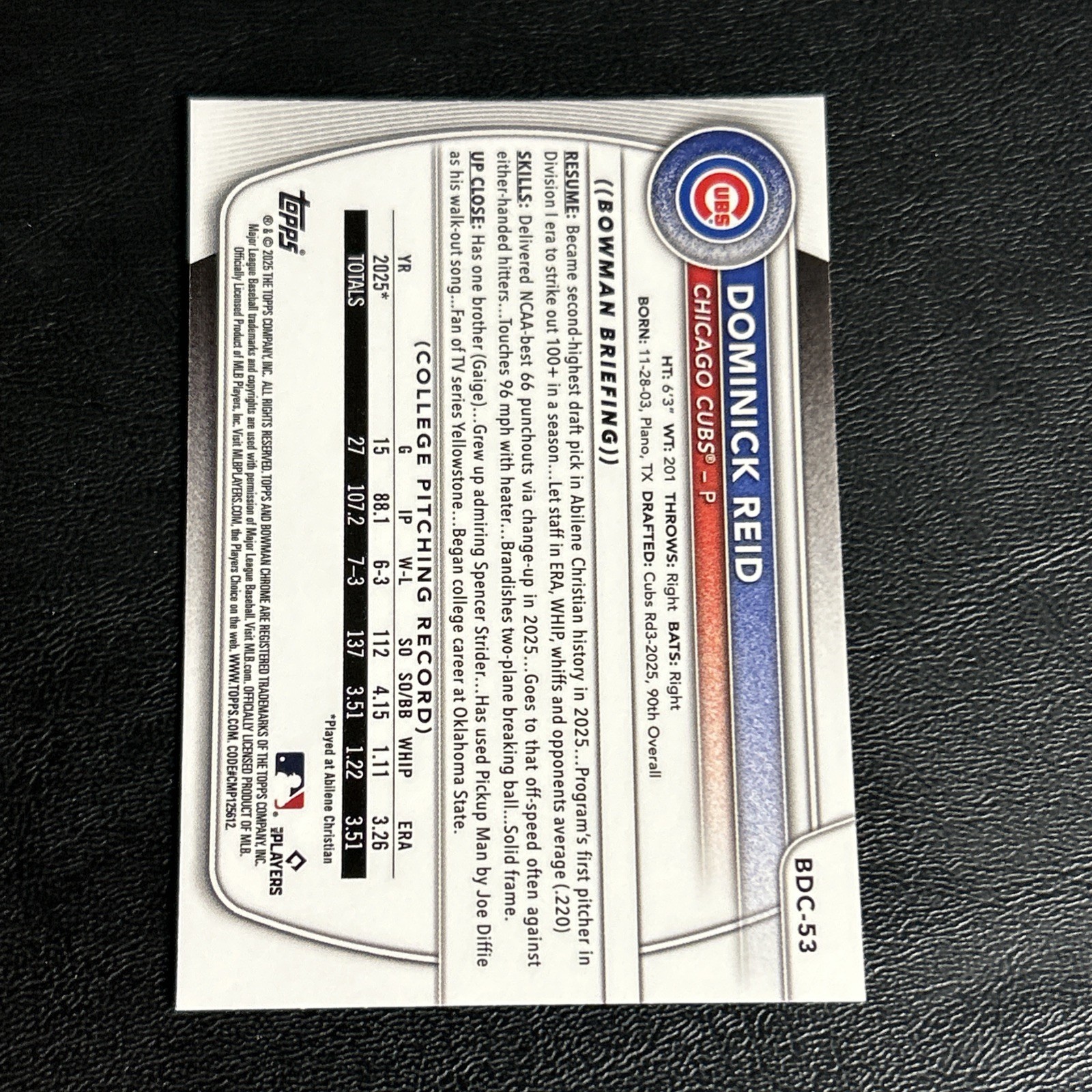 2025 Bowman Chrome Draft Dominick Reid 1st Chicago Cubs