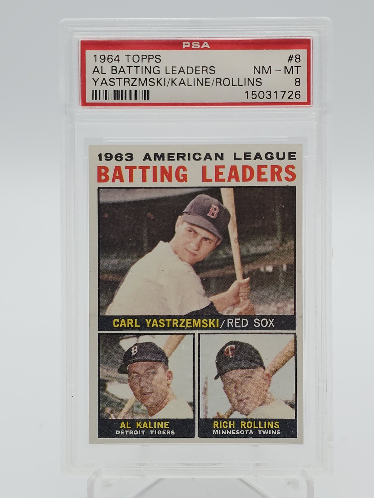 YASTRZEMSKI KALINE ROLLINS 1964 TOPPS #8 AL BATTING LEADERS PSA 8 Q7113