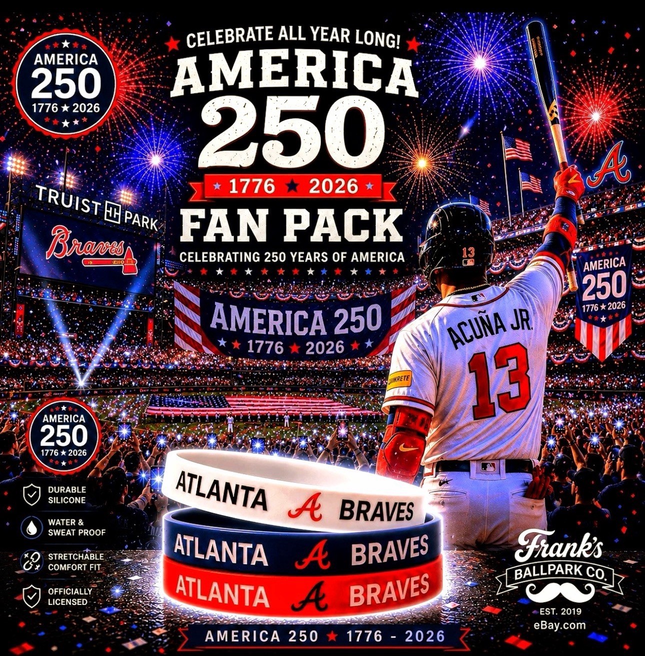 Atlanta Braves America 250 Fan Pack Red White Blue Wristbands 1776-2026