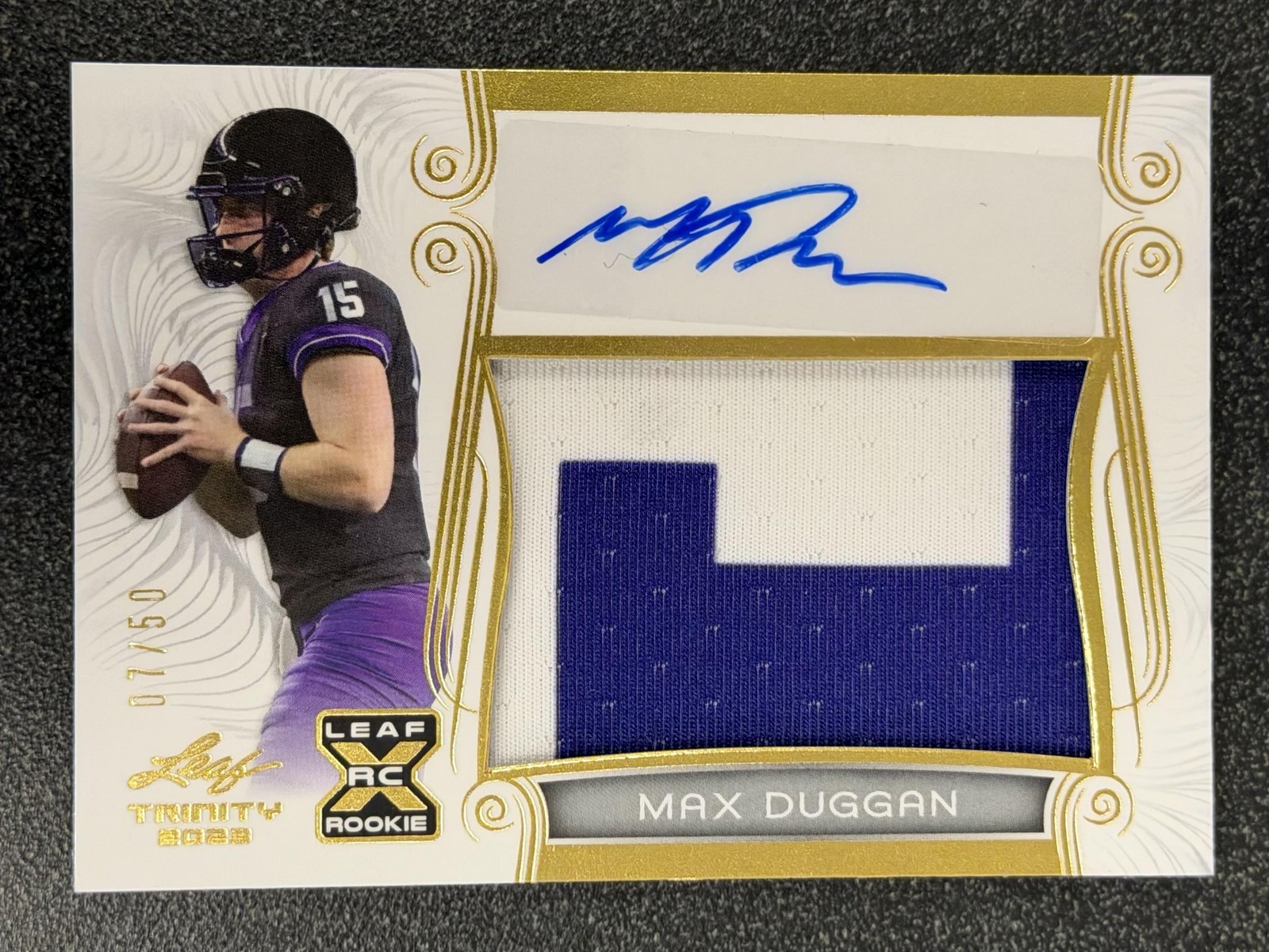 2023 Leaf Trinity #PA-MD1 Max Duggan Patch Autographs Gold #/50