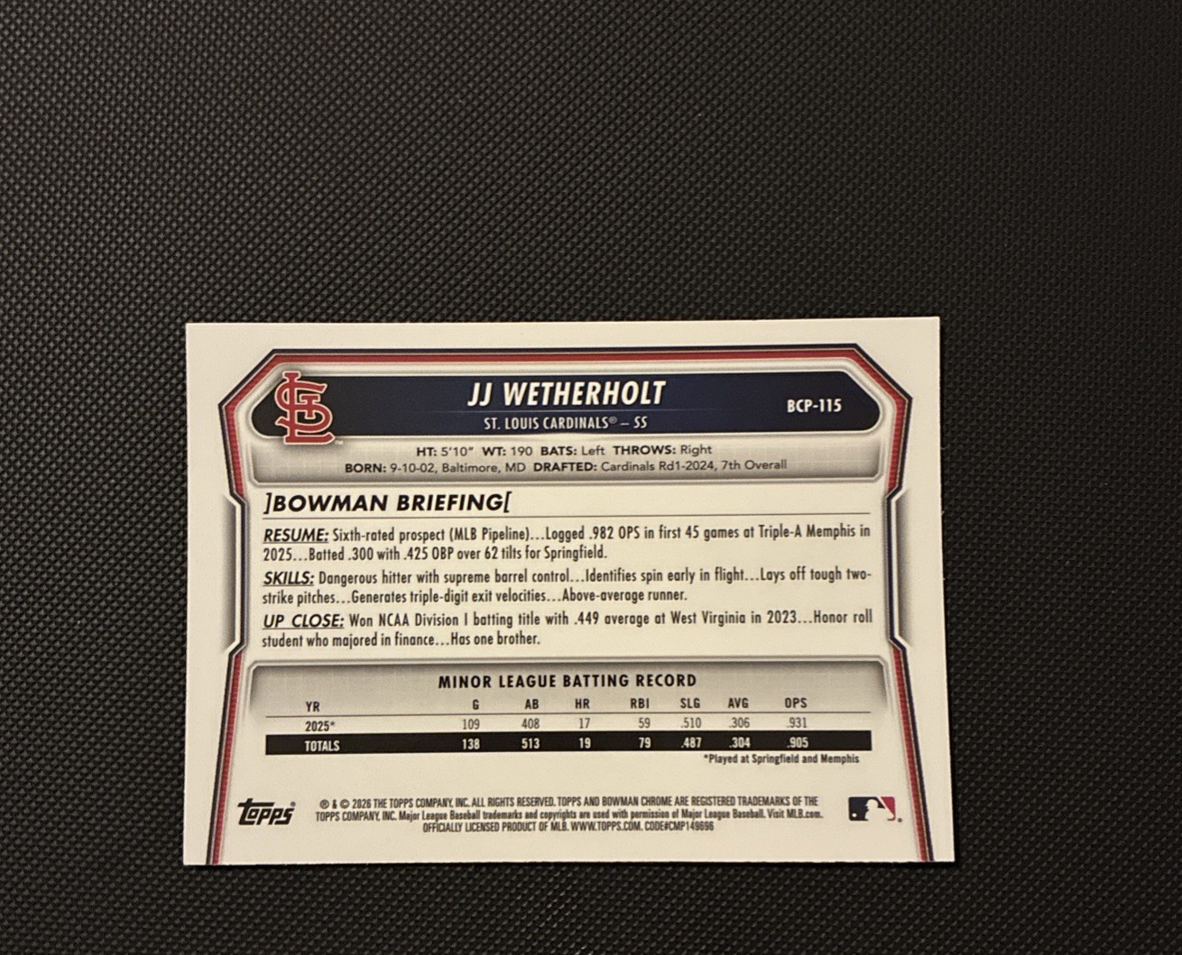 2026 Bowman Chrome JJ Wetherholt Mojo Refractor Cardinals #BCP-115