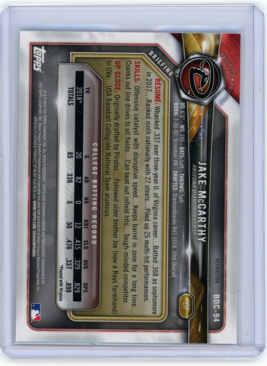 2018 Bowman Chrome Draft Jake McCarthy Refractor 1st Bowman DIamondbacks QTY