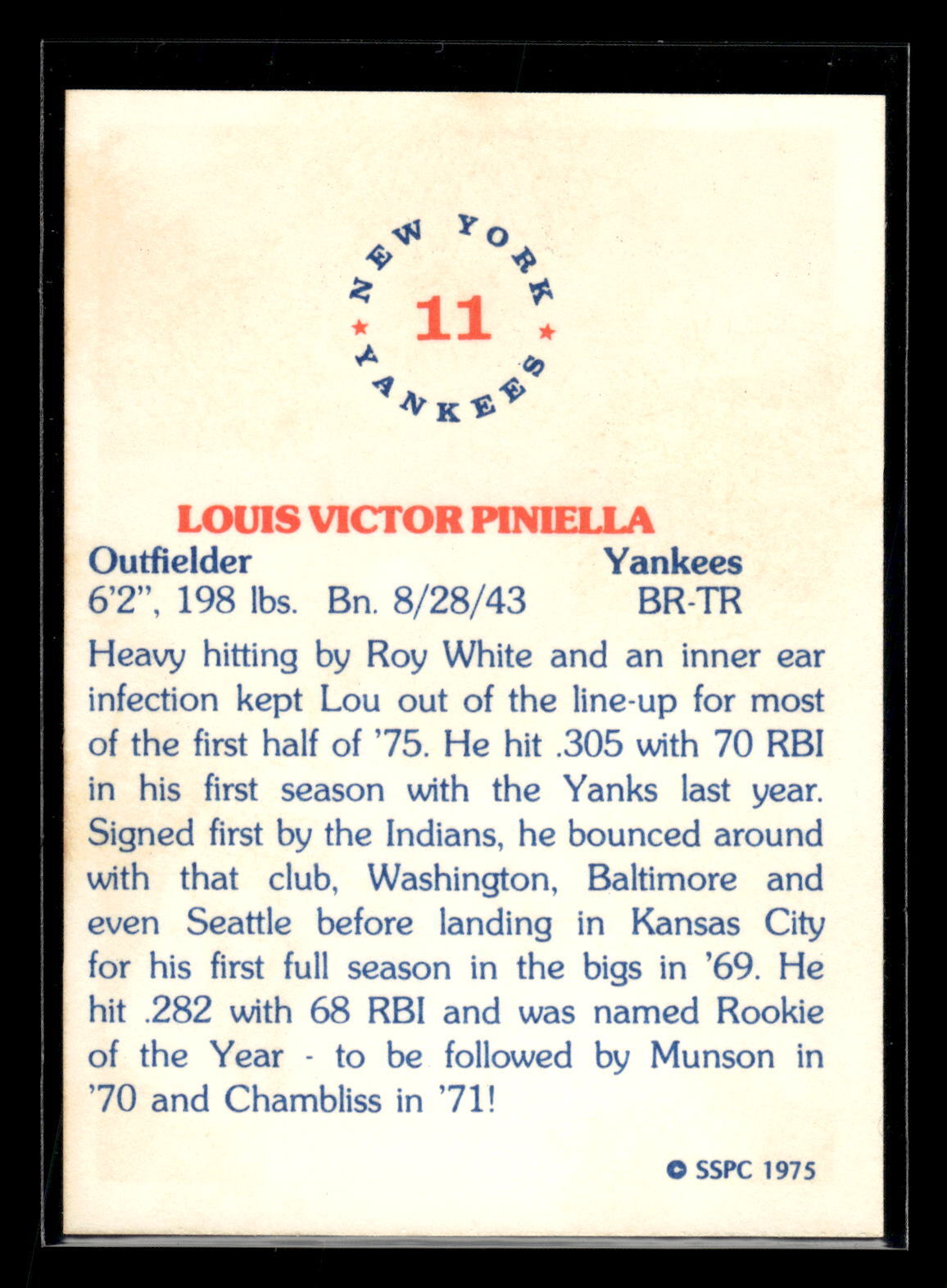 1975 SSPC Baseball Card New York Yankees #11 Lou Piniella Mint+ QTY Available