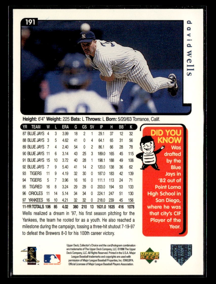 David Wells 1998 Collector’s Choice #191 PLEASE READ