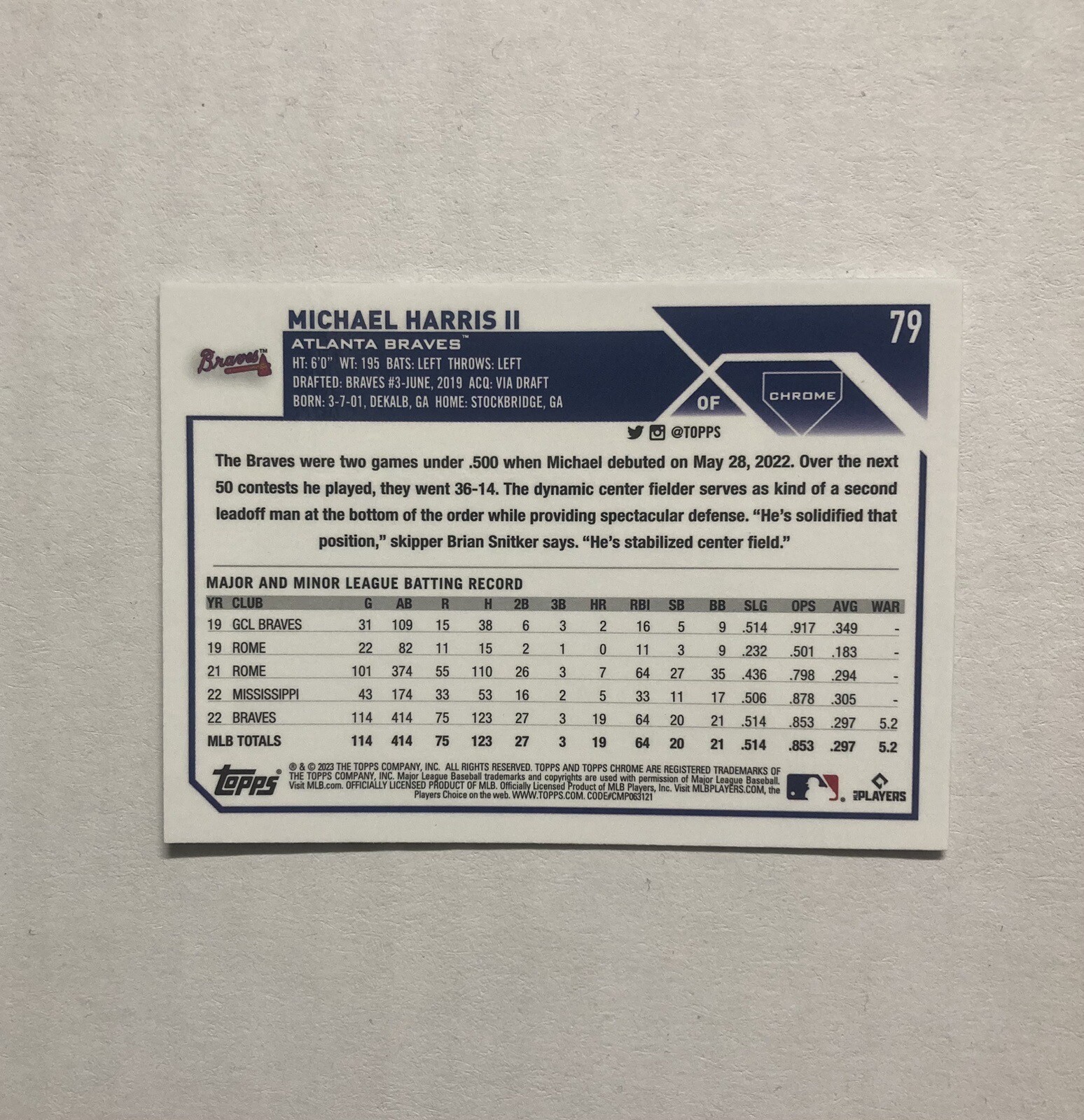 Michael Harris II 2023 Topps Chrome Base #79 Rookie Card RC Gold Cup Braves