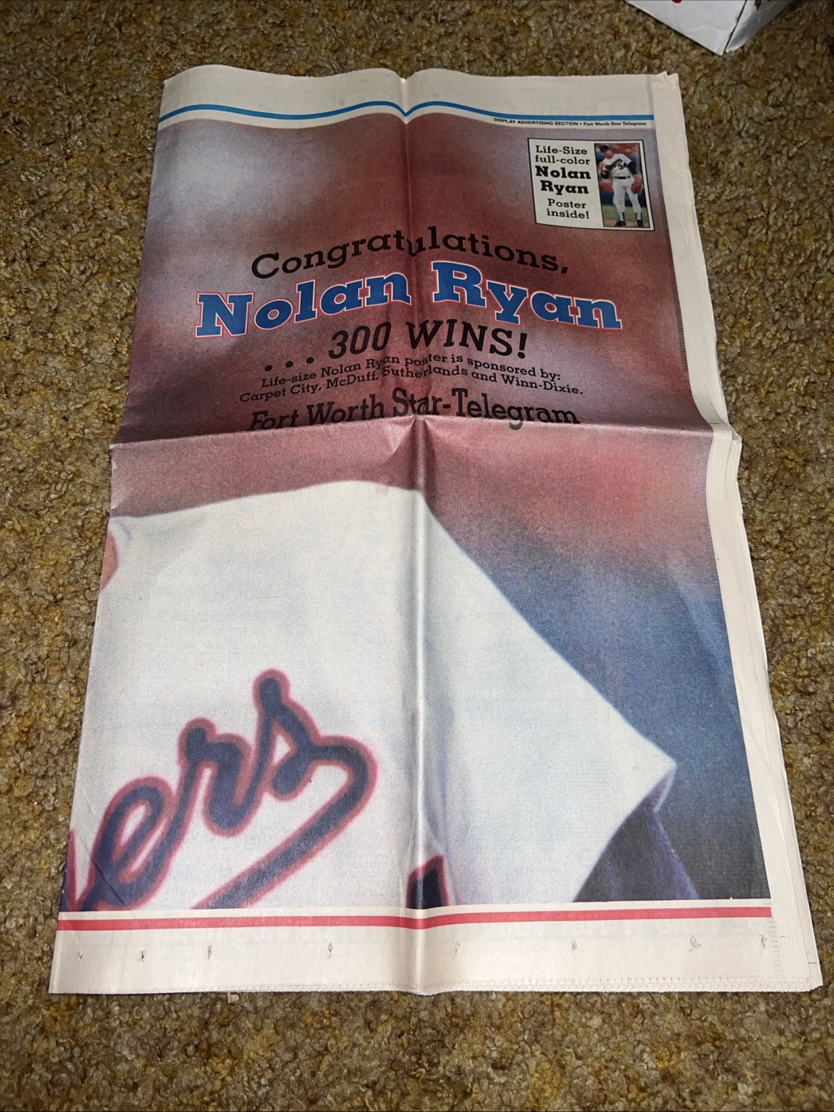 Vintage Ultra Rare Life Size Newspaper Nolan Ryan 6.5 Ft Tall; 8-1-90 – Ft Worth