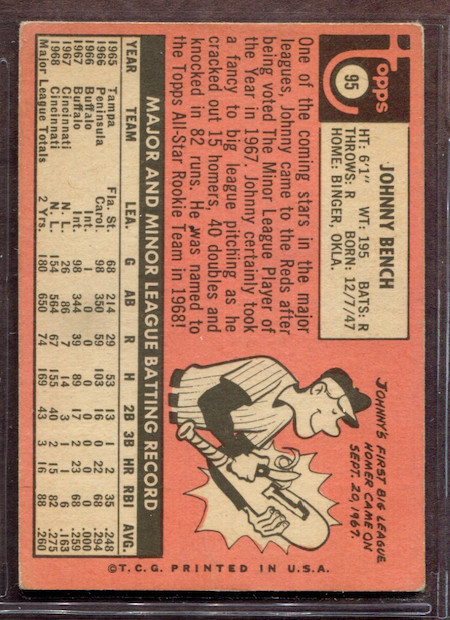 1969 Topps Set-Break # 95 Johnny Bench VG-VGEX (crease) *JAYSACE*