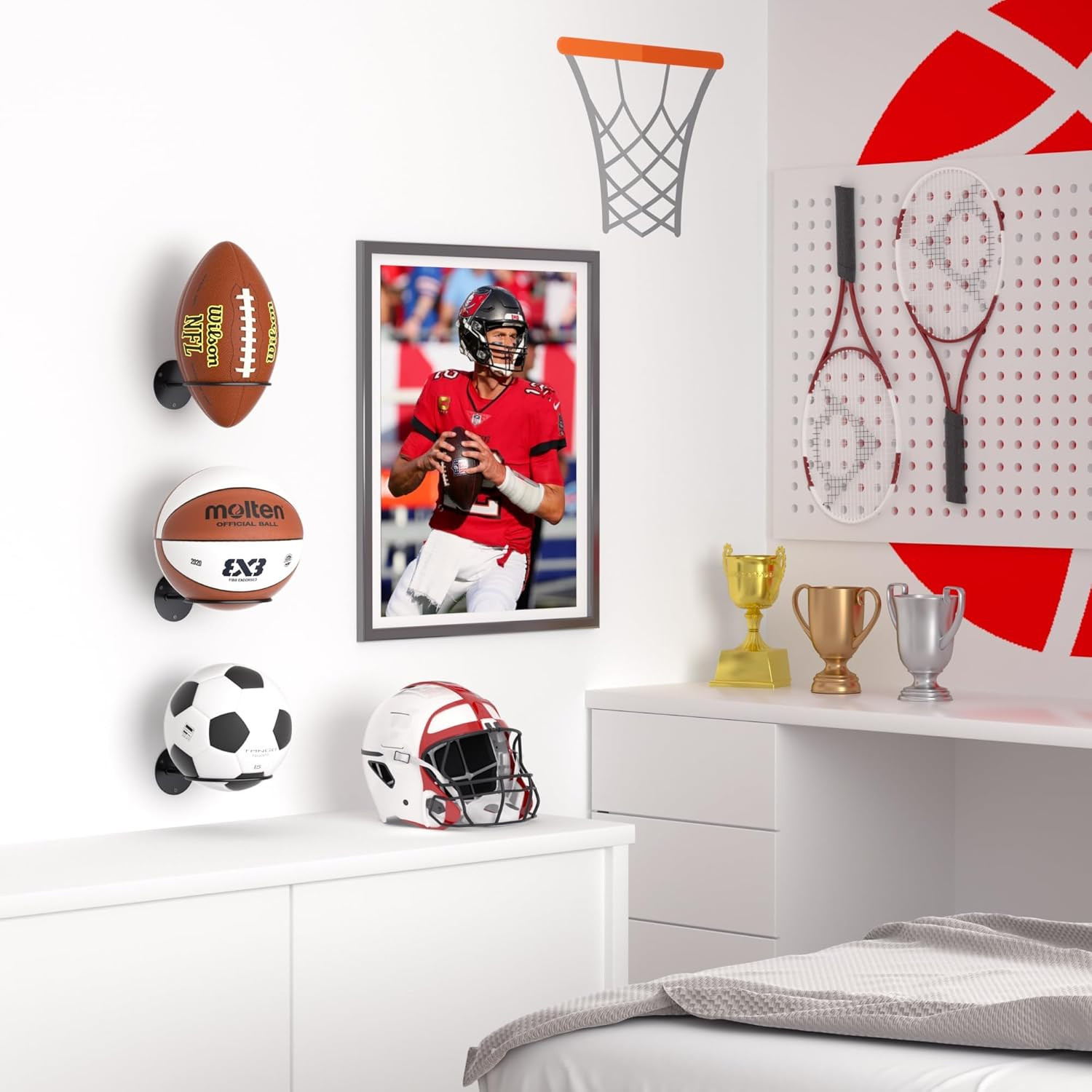Ball Storage Holder Wall Mount: Black Room Decor for Basketball, Rugby, Soccer,