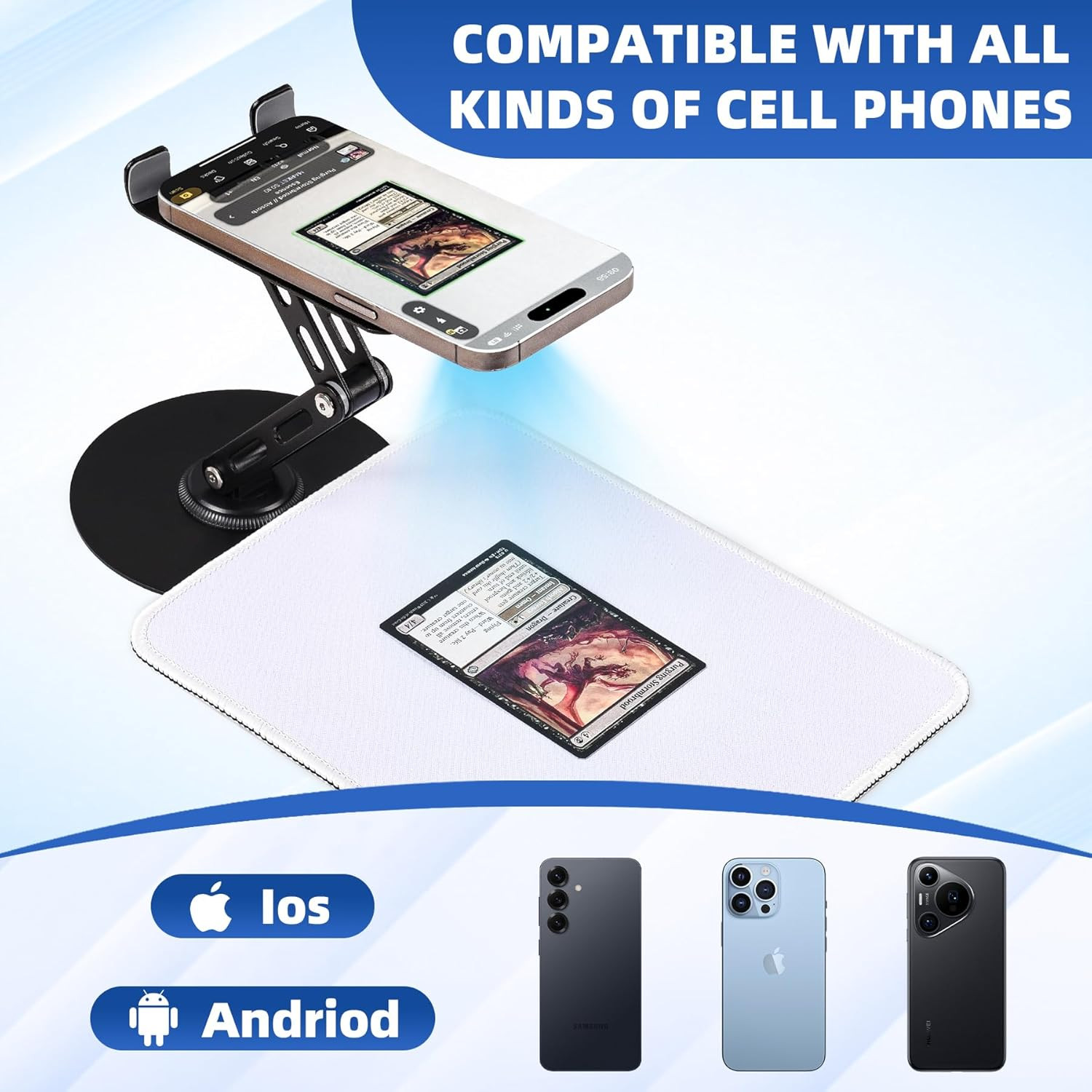 Foldable MTG Trading Card Scanner Stand,Carbon Steel Phone Holder Includes 50 St