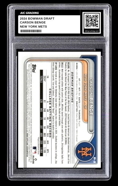 2024 Carson Benge 1st Bowman Draft Rookie Card #BD-28 Mets Gem MINT Graded 10