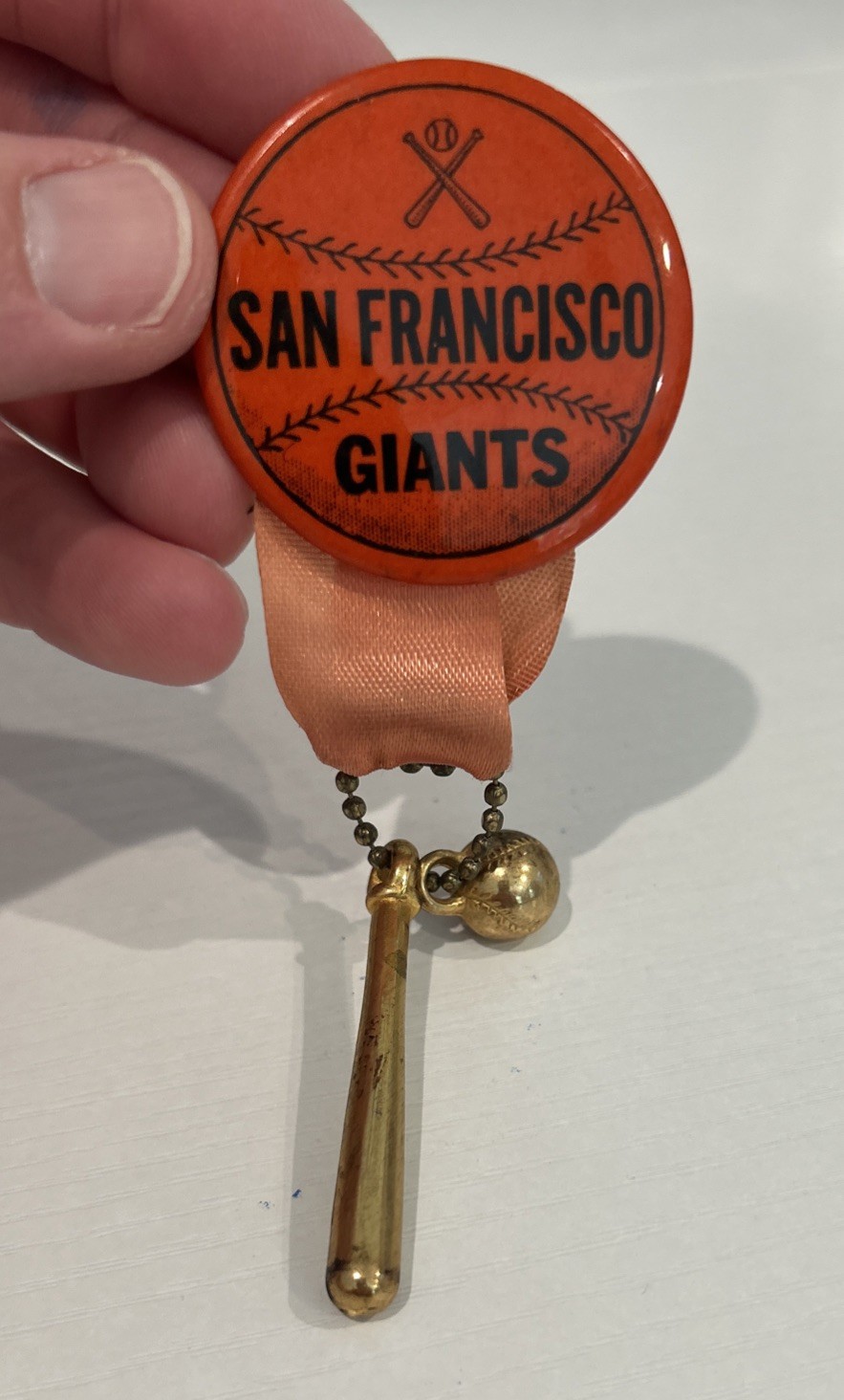 San Francisco Giants Pinback Button With a Dangling Bat and Ball And Ribbon Tab