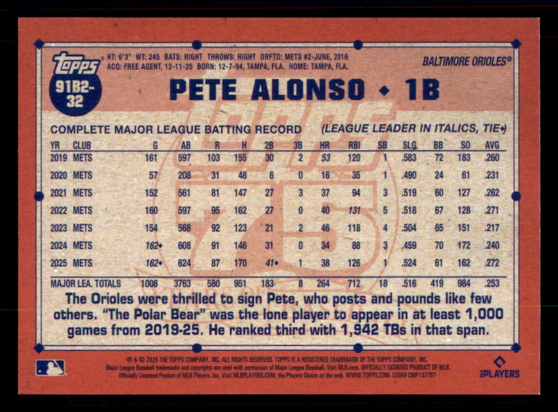 2026 Topps 1991 Topps Baseball #91B2-32 Pete Alonso Baltimore Orioles