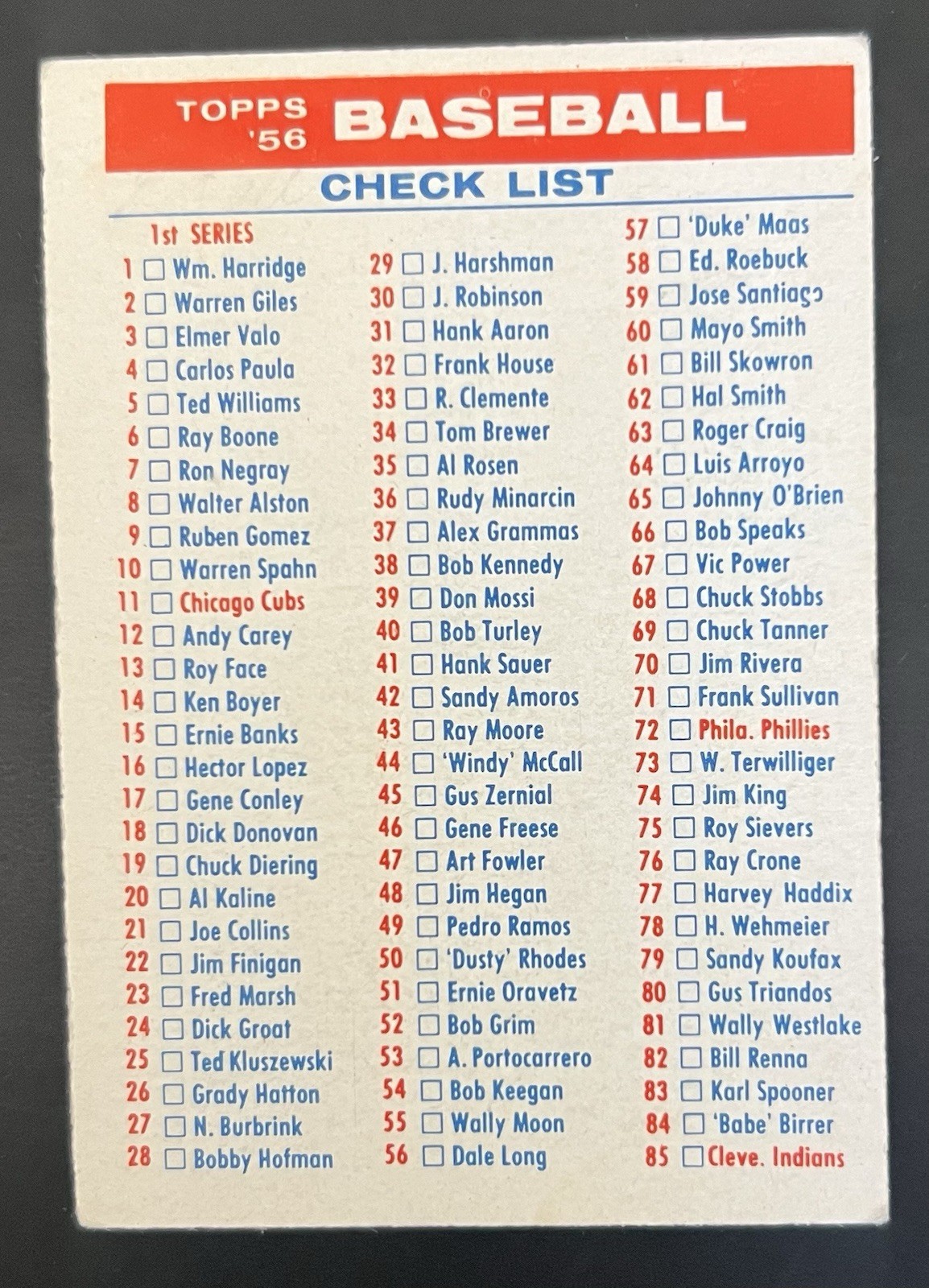 1956 Topps – Checklists Series 1/3. Unmarked ⚾️