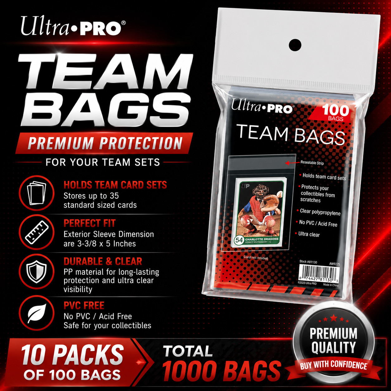 Ultra Pro Resealable Team Bags 10 Packs of 100 Team Bags – 1000 Total Bags