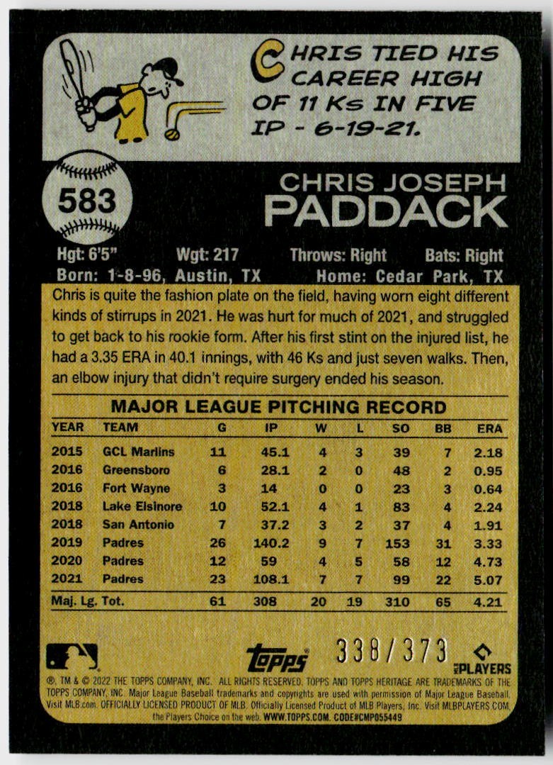 2022 Topps Heritage High Number – Chris Paddack #583 Silver Chrome /373 Twins