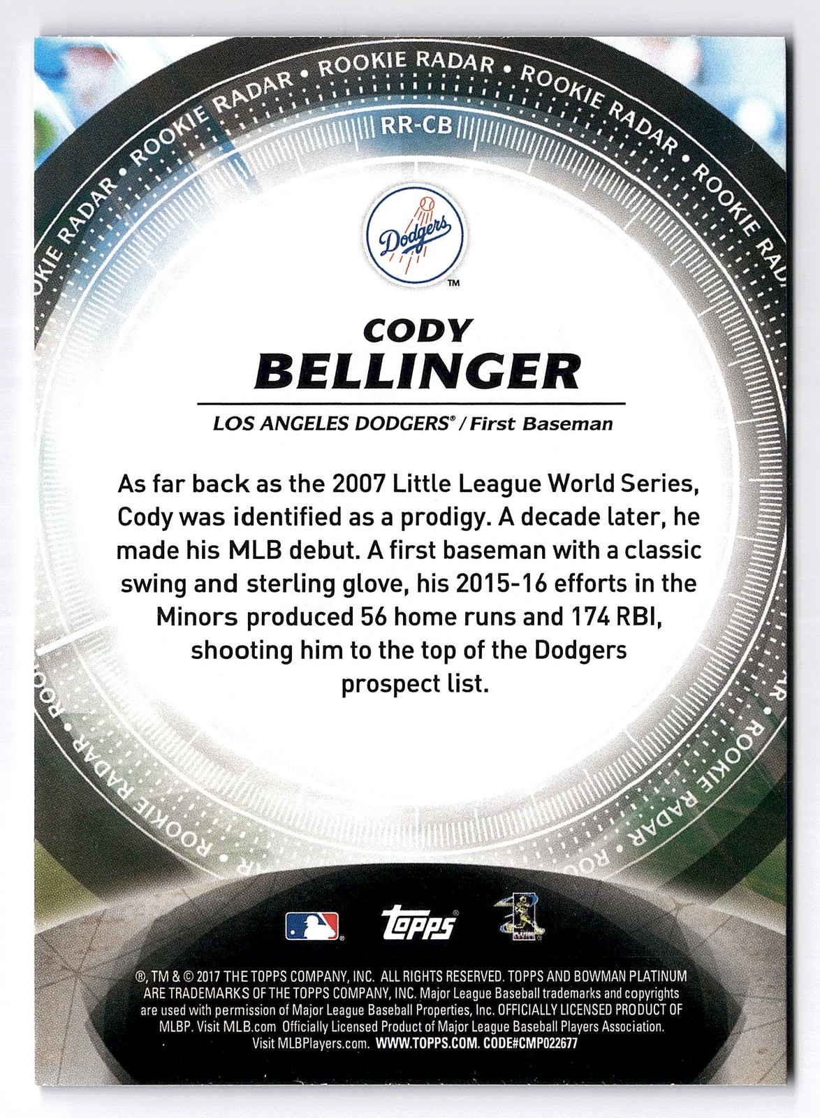 2017 Bowman Platinum #RR-CB Cody Bellinger Rookie Radar RC Los Angeles Dodgers