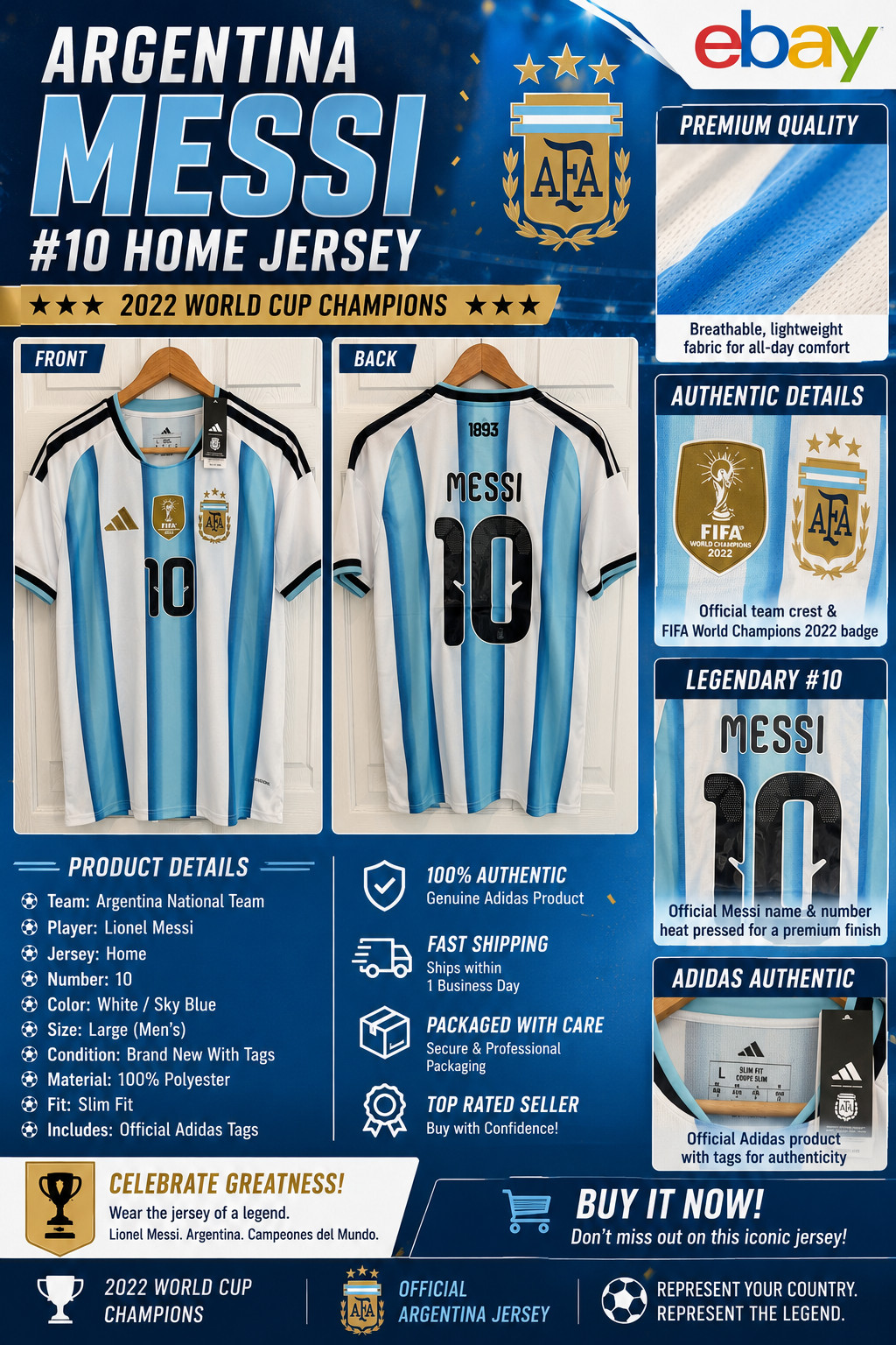 Argentina Messi World Cup 2026 Home Soccer Football Jersey