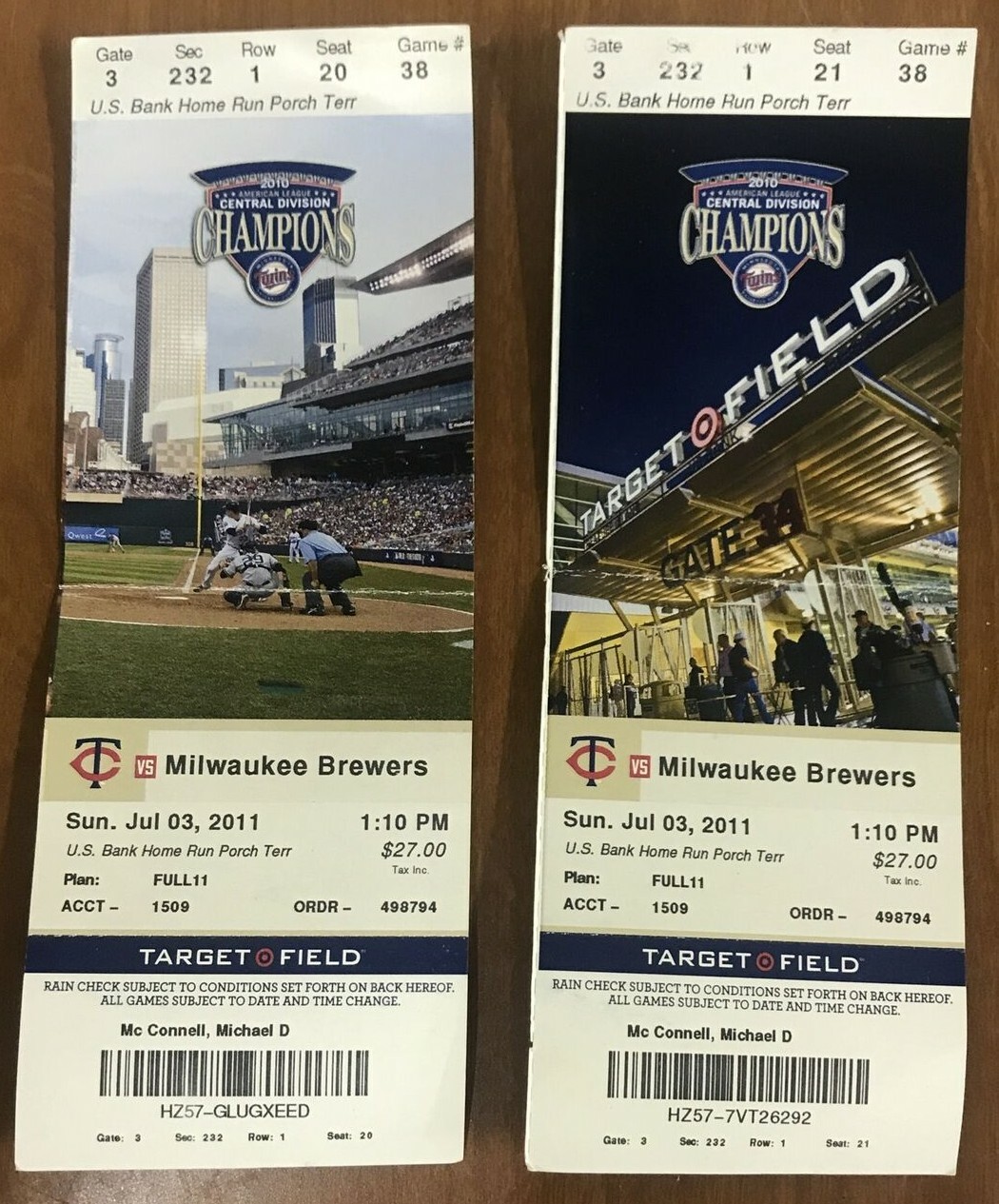Brewers Minnesota Twins MLB Ticket Stub Jim Thome HR #595 Joe Mauer Hit 7/3/2011