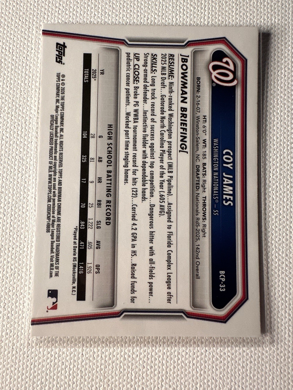 2026 Bowman Chrome Coy James BCP-33 Mojo Refractor Rookie Washington Nationals