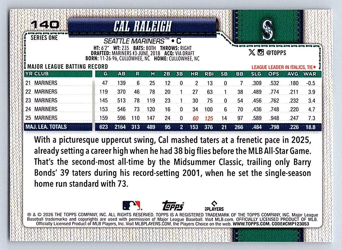 CAL RALEIGH MARINERS 2026 TOPPS SERIES 1 #140