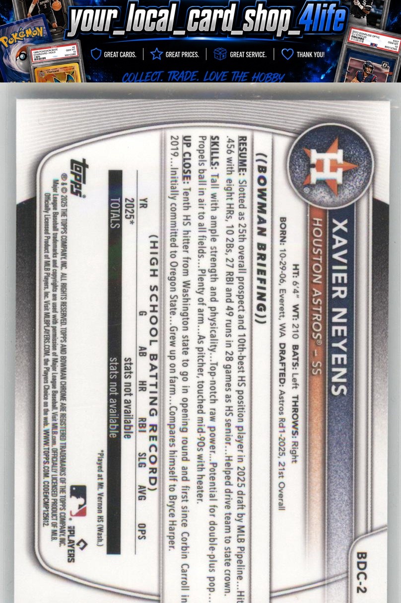 2025 Bowman Draft Chrome #BDC-2 Xavier Neyens Houston Astros