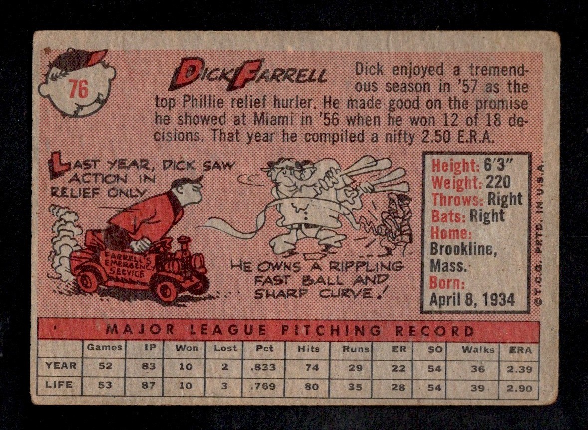 1958 Topps Baseball Card #76 Dick Farrell Philadelphia Phillies VG