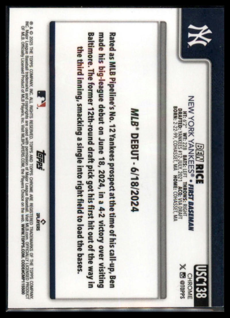2025 Topps Chrome Update #USC138 Ben Rice Sepia Refractors