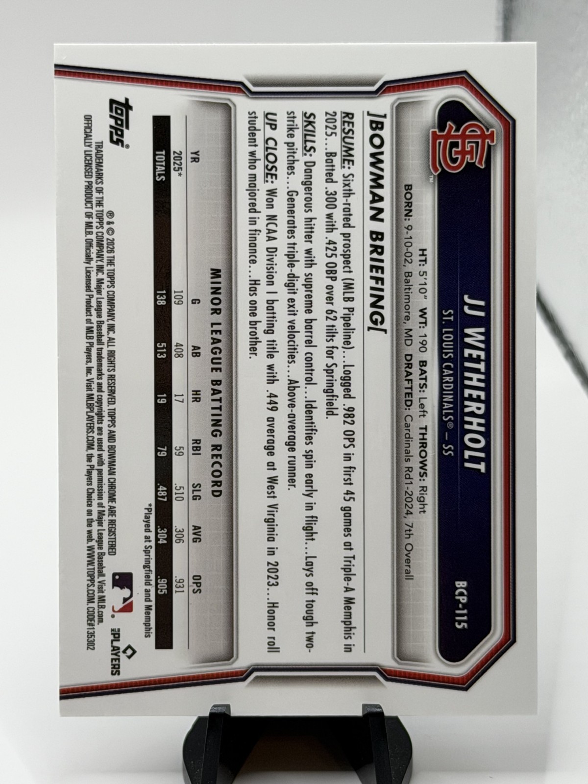 2026 Bowman Chrome JJ Wetherholt #BCP-115 Cardinals Wave Refractor /350