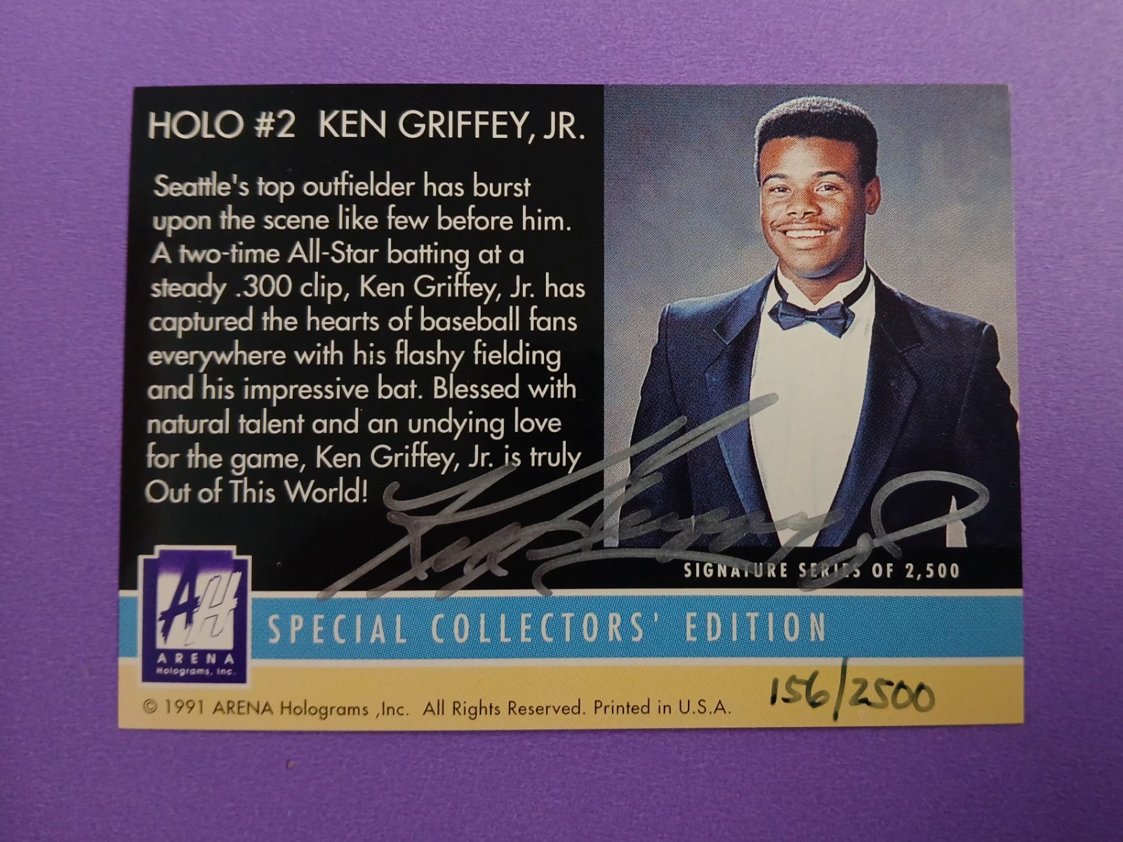 1991 Arena Holograms Ken Griffey Jr. autograph #2 Mariners Reds #156/2500 w/COA