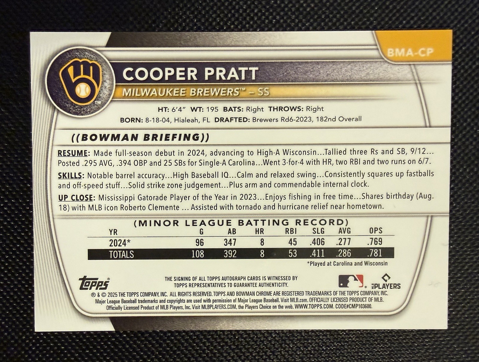 2025 Bowman Chrome Prospects COOPER PRATT MEGA MOJO Auto #BMA-CP Brewers