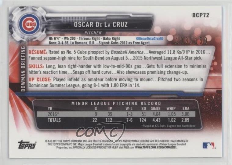 2017 Bowman Chrome Prospects Blue Refractor 103/150 Oscar De La Cruz #BCP72 g1z