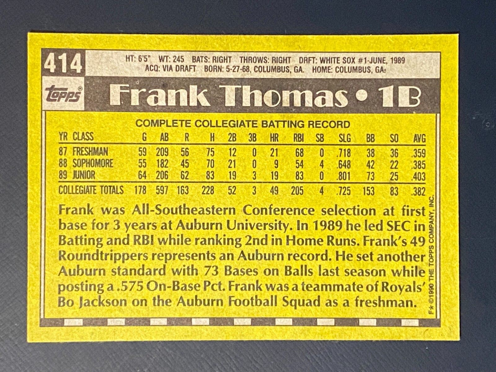 ⚾ 1990 Topps Baseball Base Card Rookie #414 Frank THOMAS ⚾