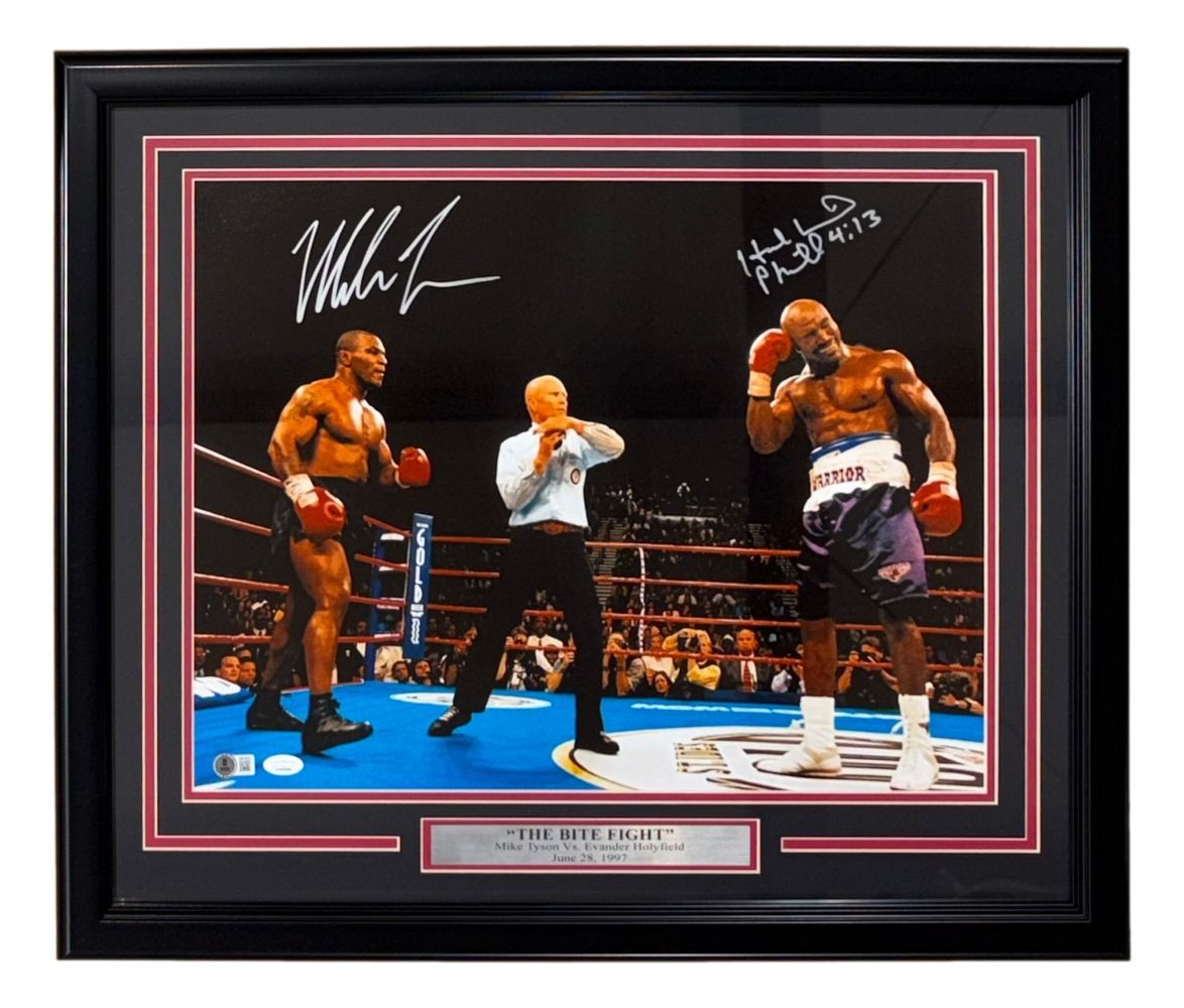 Mike Tyson Evander Holyfield Signed Framed 16×20 Bite Fight Photo JSA+BAS