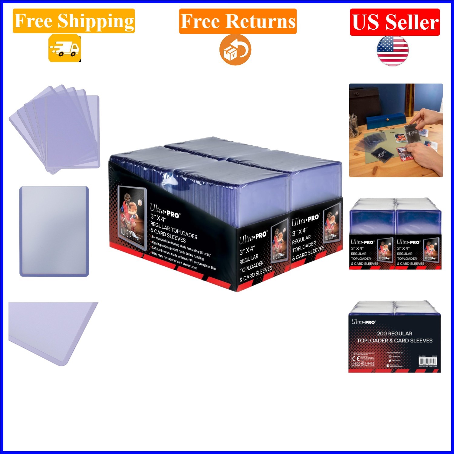 200ct Clear 3×4 Card Toploaders with Sleeves, Polypropylene