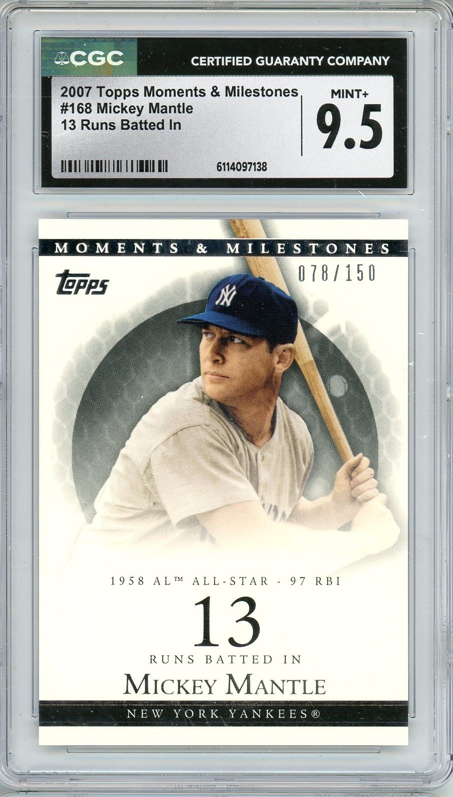 2007 TOPPS MOMENTS AND MILESTONES #78 MICKEY MANTLE 13 RUNS BATTED IN CGC 9.5