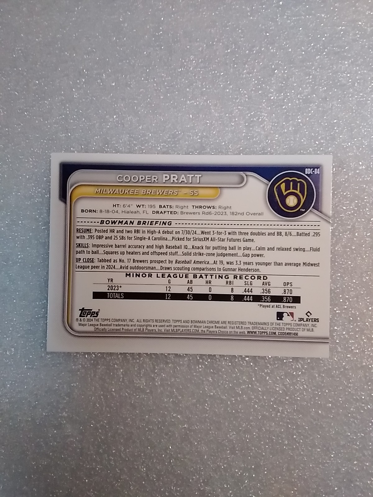2024 Bowman Draft Chrome Sapphire Cooper Pratt