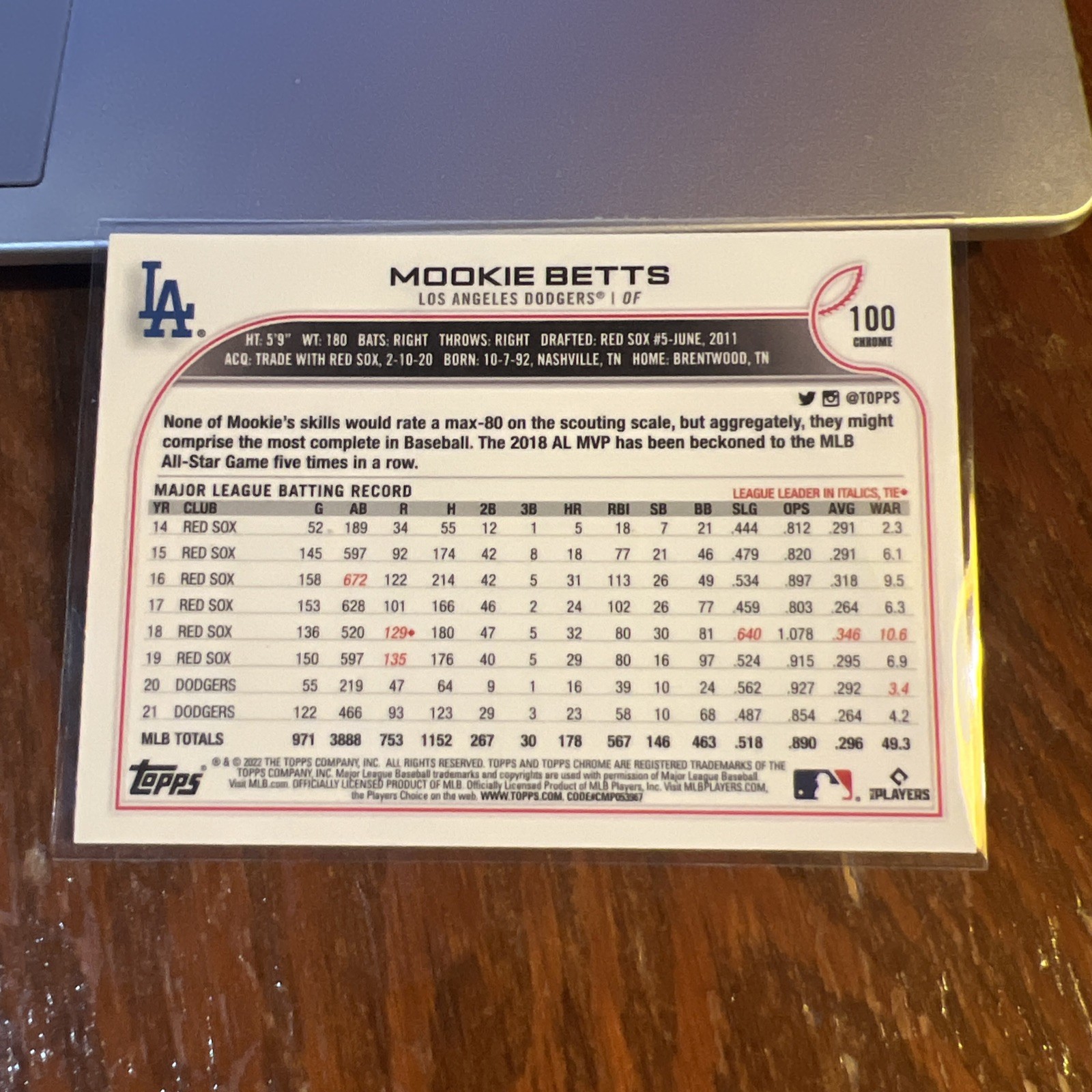 Mookie Betts 2022 Topps Chrome Sepia Refractor #100 Los Angeles Dodgers NM-MT