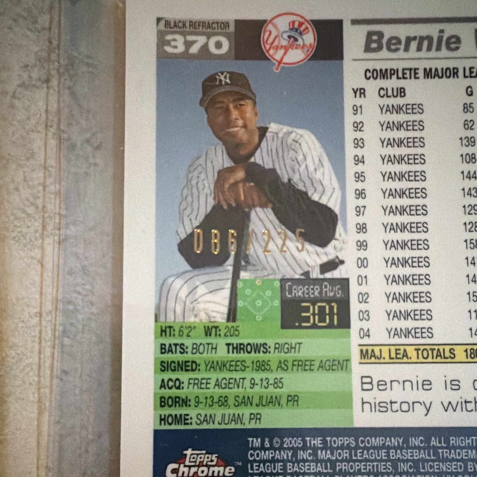 Topps 2005 Topps Chrome Bernie Williams #370 Black Refractor /225 Yankees