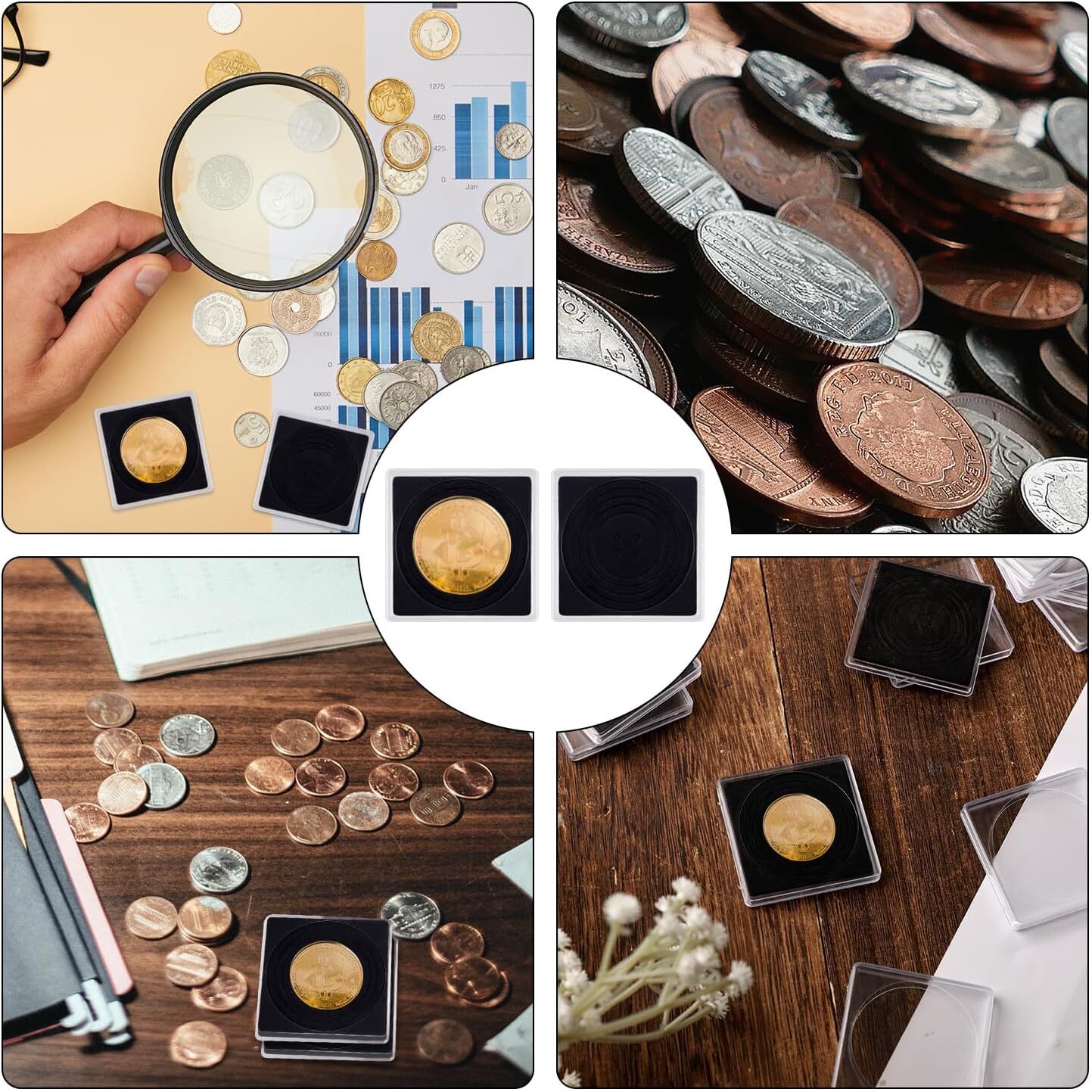 30Pcs Adjustable Acrylic Coin Collection Cases with Sponges Coin Snap Holder USA