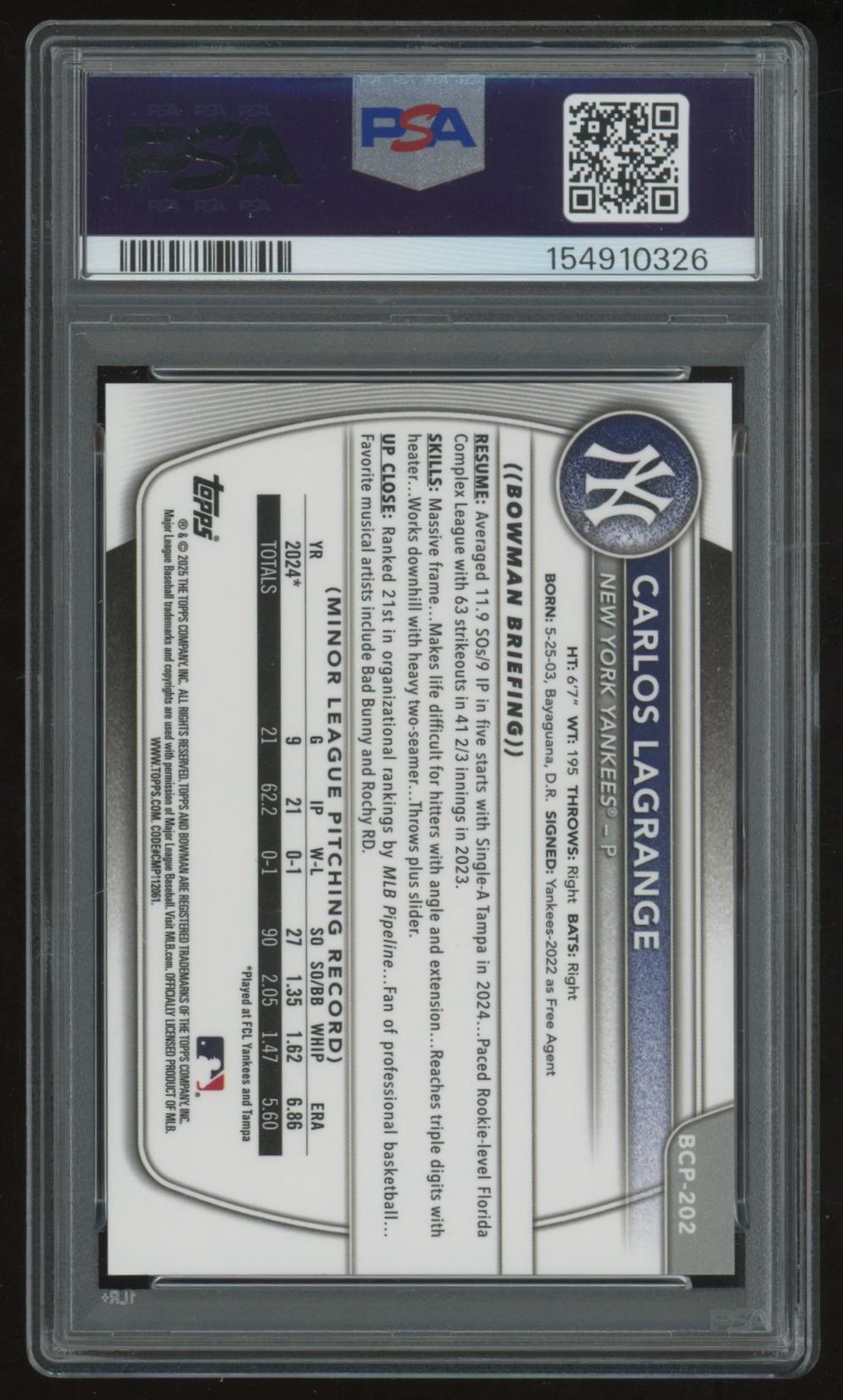 CARLOS LAGRANGE 2025 BOWMAN CHROME PROSPECTS #BCP-202 GOLD REFRACTOR /50 PSA 9
