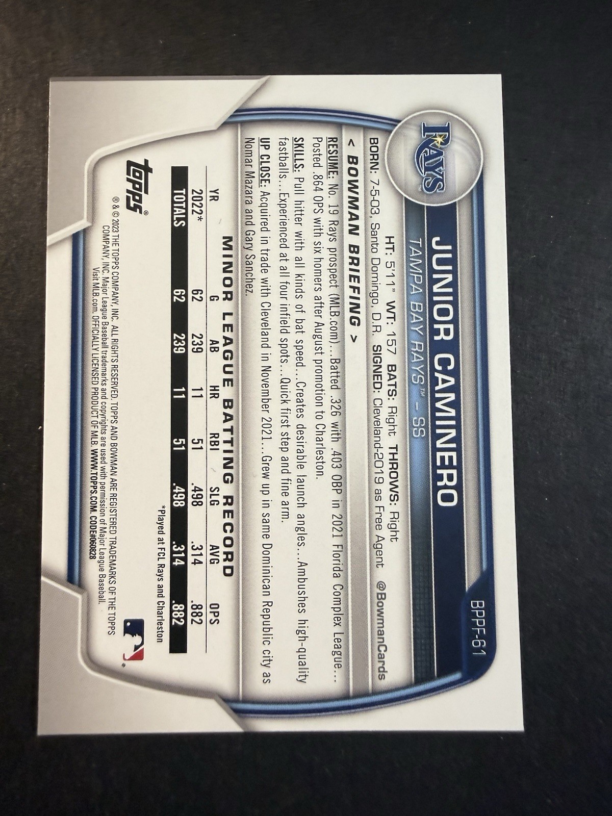 2023 Bowman 1st Prospect Edition Junior Caminero #BPPF-61 Rays